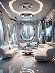 Futuristic interior design for 2035, luxury, chic and elegant