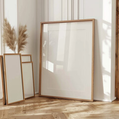 A minimalist interior design featuring blank wooden frames