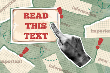 Card in vintage new nostalgia collage style. Paper halftone hand pointing to signboard with copy space. Retro vector pop art design.