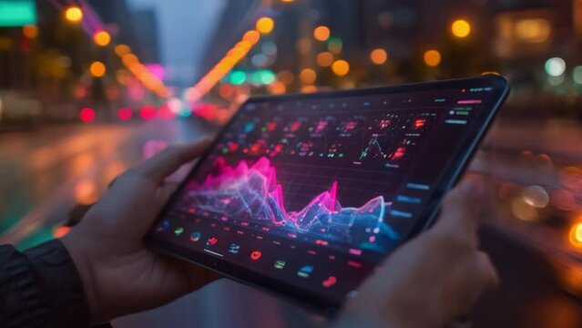 A Hand holding a tablet with dynamic financial analysis on the screen Demonstrate data-driven decision making.
