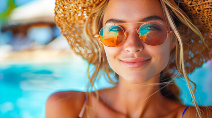Cheerful young woman enjoying summer by the pool