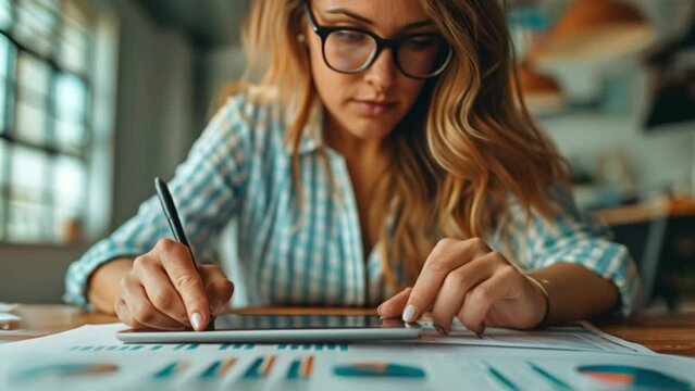 Close-up of a businesswoman hands analyzing competitor data on her tablet, focusing on market research.