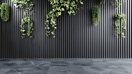 Black wall with vertical slats, hanging plants, gray floor, modern interior design background
