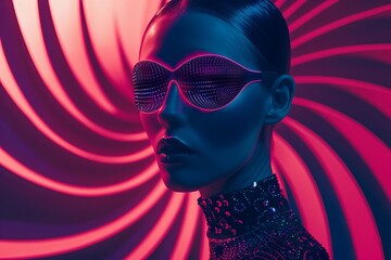 Fashion Surreal Concept. Futuristic woman girl in neon light 