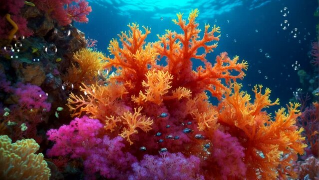 colorful and swollen coral reefs and swimming fish