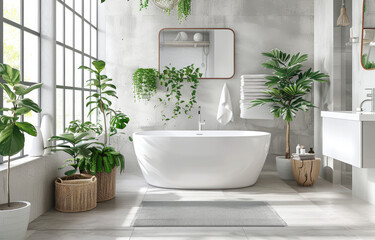 A serene bathroom with plants, bathed in natural light from large windows. A white freestanding tub sits on the right side of the frame, surrounded by a bamboo basket