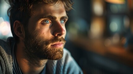 Contemplative young man looking thoughtfully out a window in a dimly lit room