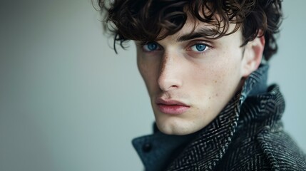 Intense gaze of a young man with curly hair wearing a woolen scarf