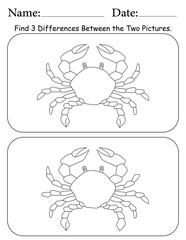 Crab Puzzle. Printable Activity Page for Kids. Educational Resources for School for Kids. Kids Activity Worksheet. Find Differences Between 2 Shapes