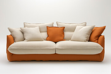 Modern twoseater orange and white sofa isolated on white background