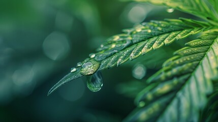 A detailed close-up of a cannabis leaf with an oil drop magnifying a cell structure, representing cellular level healing
