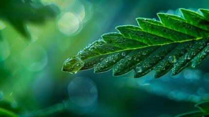 A detailed close-up of a cannabis leaf with an oil drop magnifying a cell structure, representing cellular level healing