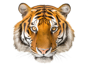 Fototapeta premium Tigerkopf isoliert auf weißen Hintergrund, Freisteller, draufsicht