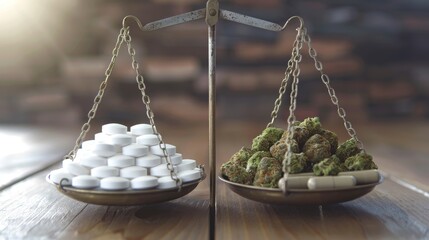 A detailed close-up of balancing scales with pills on one side and cannabis buds on the other, representing weighing medical options