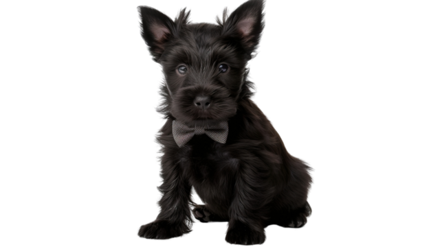 Scottish Terrier puppy with a bow tie sitting on a transparent background