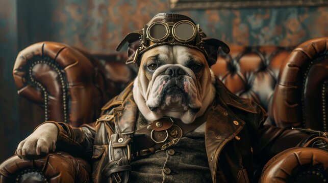 A steampunk Bulldog dog dressed as a tough gangster pirate boss, radiating confidence and pride