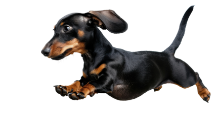 Playful dachshund puppy jumping on a transparent background