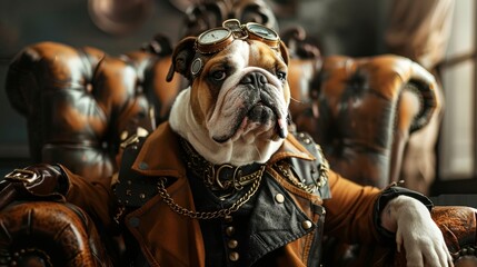 A charismatic Bulldog in steampunk pirate attire, dressed like a tough human gangster, exuding...