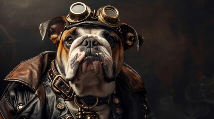 A charismatic Bulldog in steampunk pirate attire, dressed like a tough human gangster, exuding...