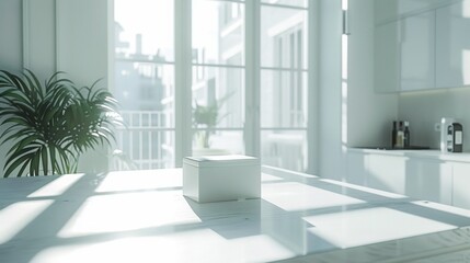 Fototapeta premium bright white-toned kitchen without windows, kitchen island, small white box on the table