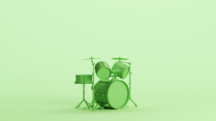 Green drum kit cymbals percussion musical instrument drum set music mint background 3d illustration render digital rendering