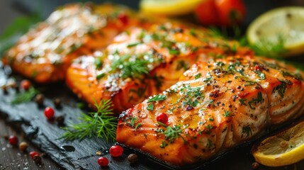 baked grilled salmon with lemon and dill, infused with herbs and spices cooked to perfection