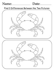 Crab Puzzle. Printable Activity Page for Kids. Educational Resources for School for Kids. Kids Activity Worksheet. Find Differences Between 2 Shapes