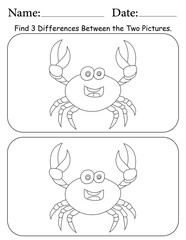 Crab Puzzle. Printable Activity Page for Kids. Educational Resources for School for Kids. Kids Activity Worksheet. Find Differences Between 2 Shapes