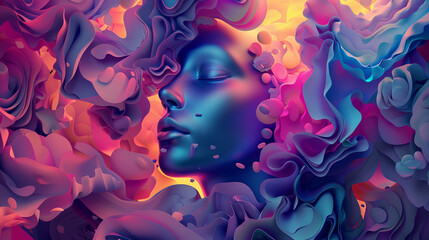 Surreal Digital Art of a Woman's Face Surrounded by Colorful Abstract Shapes