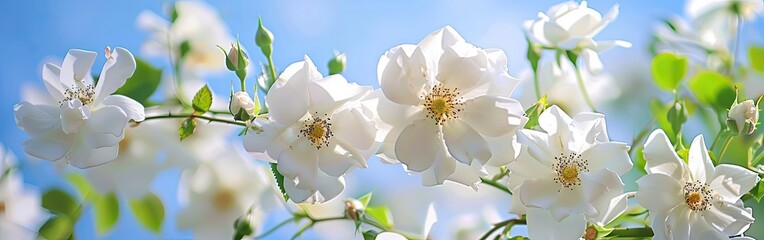 A tree branch with white flowers and green leaves in the sky