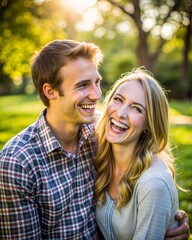 Fototapeta premium Happy Young Couple – 4:5 Ratio: A candid portrait of a young couple laughing together, taken in a park setting, perfect for relationship and lifestyle projects. 