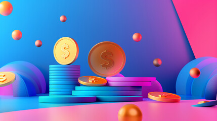 Abstract Financial Concept with Stacked Coins and Dollar Signs in a Colorful Background