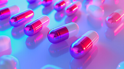 Close-Up of Colorful Capsules Under Neon Lights Highlighting Pharmaceutical Concept and Medicine