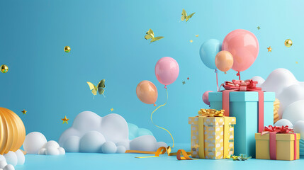 Festive Birthday Celebration Scene with Balloons, Gift Boxes, and Butterflies
