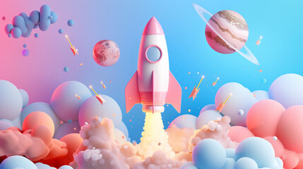 Colorful Rocket Launch with Planets and Clouds in Dreamlike Fantasy Space
