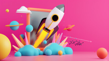 Colorful Abstract Illustration of a Rocket Launching into Space with Planets and Clouds