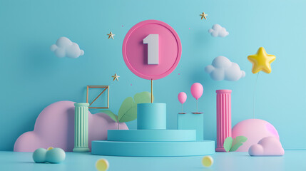 Creative Illustration of a Number One Ranking Scene with Pastel Colors and Balloons