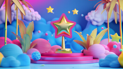 Colorful Fantasy Scene with Star Trophy and Vibrant Tropical Elements