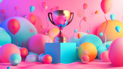 Colorful Celebration with Winner Trophy and Balloons