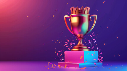 Golden Trophy on a Colorful Podium with Confetti Celebration and Gradient Background