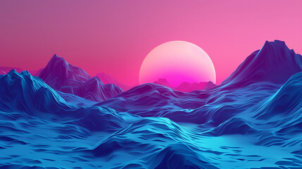 Futuristic Landscape with Neon Mountains and Sunset Sky in Digital Art