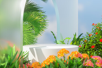 Natural beauty podium backdrop for product display with summer tropical plants. 3d render.
