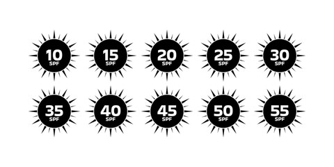 SPF sun protection icon set. Silhouette Style. Vector icons