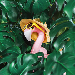 Pink flamingo wearing hat and sunglasses among green Monstera leaves. Summer travel tropical concept background. 3D Rendering, 3D Illustration