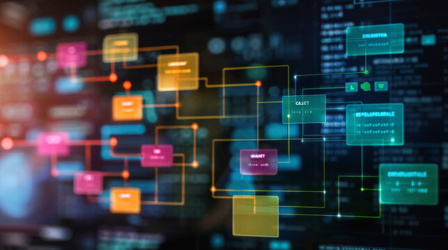 Abstract digital interface with glowing flowchart elements and data blocks, representing a concept of modern technology, data processing, or computer programming.