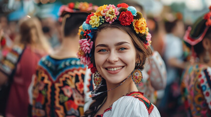 a Ukrainian woman in national dress with flowers on her head at an embroidered shirt festival, smiling and looking into the camera