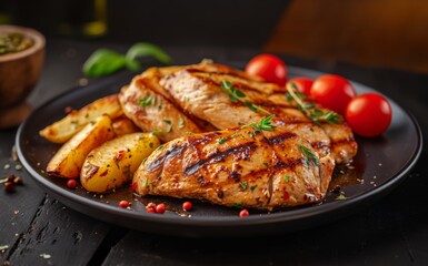 Fototapeta premium a wooden cutting board topped with meat and vegetables, the roasting chicken with potatoes and tomatoes is ready to be served. seamless texture