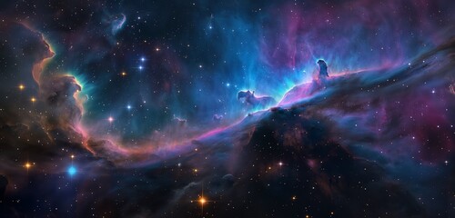 A deep space view showing a nebula with swirling colors of blue, purple, and pink, with distant...