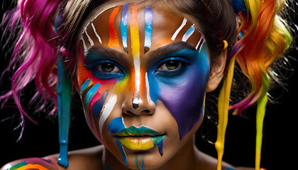 Obraz premium portrait of a woman with painted face, An abstract artistic portrayal featuring a concealed face with vivid paint drips, evoking enigmatic aesthetics 