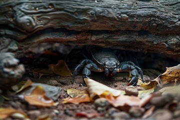 Scorpion hiding under a log
